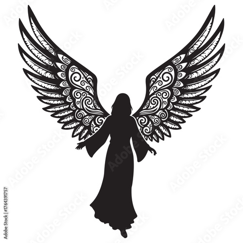 Black Silhouette Angel Figure with Ornate Decorative Wings Vector Illustration