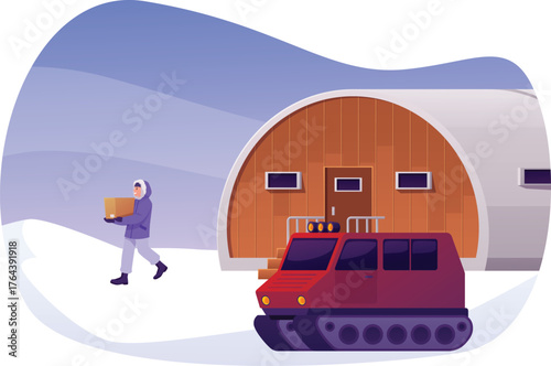 Polar research station hangar with a snowmobile, a character with a box, and a snowy landscape.