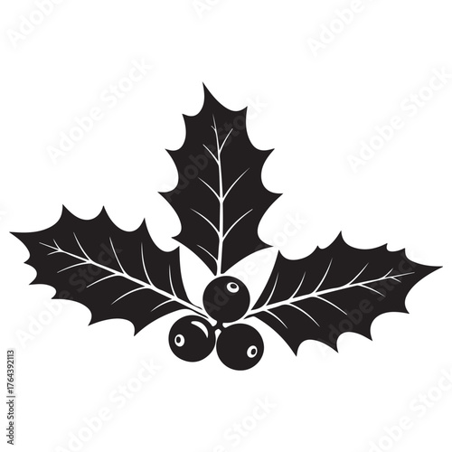 Minimalist Black Holly Silhouette with Leaves and Berries Vector Icon