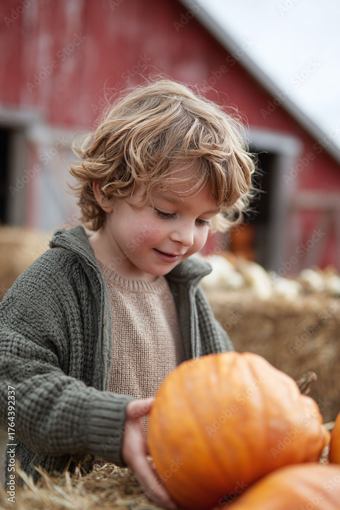 Fototapeta premium A young boy with curly hair carefully examines a pumpkin at a farm. Symbolizes autumn, harvest, and childhood wonder. Ideal for seasonal campaigns, familyoriented content, and rural life themes.