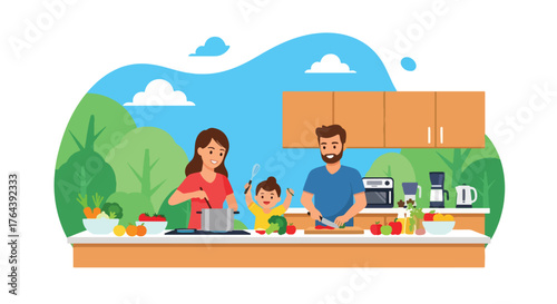Adobe illustrator artwork vector illustration. Happy family cooking together in the kitchen, preparing healthy meals and enjoying quality time, promoting family bonding