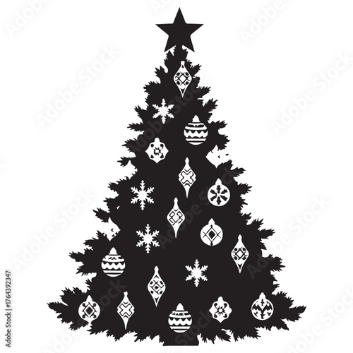 Black Christmas Tree Silhouette with White Ornaments and Star Graphic