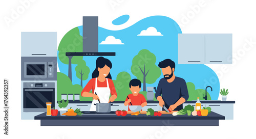 Adobe illustrator artwork vector illustration. Happy family cooking together in the kitchen, preparing healthy meals and enjoying quality time, promoting family bonding