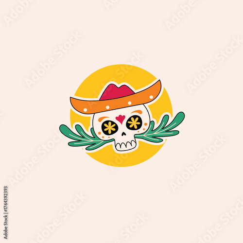 Delightful illustration of a decorated skull wearing a vibrant sombrero, encircled by graceful botanical elements, embodying the lively essence of a significant cultural festivity