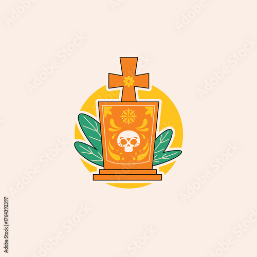 Colorful cartoon tombstone with a decorative cross and a smiling skull design, surrounded by green foliage, creating a festive memorial icon for holidays and traditions