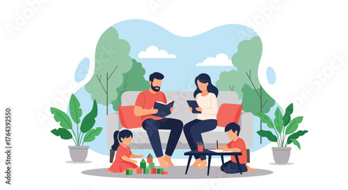 Adobe illustrator artwork vector illustration. Family reading and playing at home, creating a cozy and harmonious domestic scene with parents and children enjoying quality time