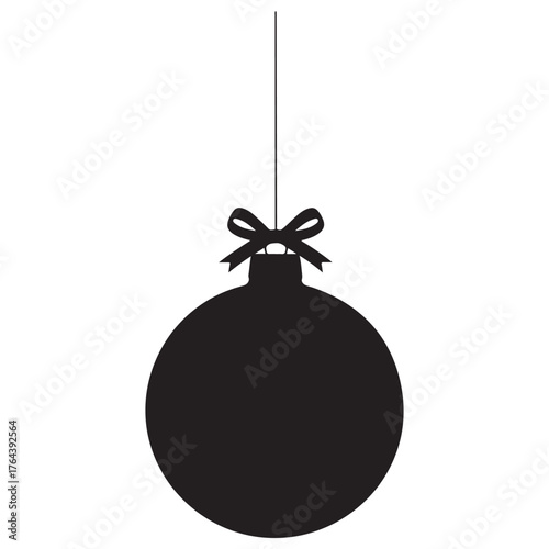 Monochromatic Black Christmas Ornament Silhouette with Ribbon Bow on White Background