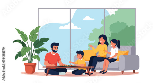 Adobe illustrator artwork vector illustration. Family reading and playing at home, creating a cozy and harmonious domestic scene with parents and children enjoying quality time