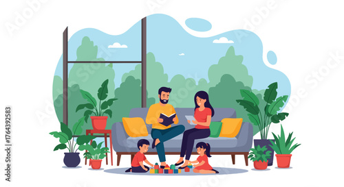 Adobe illustrator artwork vector illustration. Family reading and playing at home, creating a cozy and harmonious domestic scene with parents and children enjoying quality time