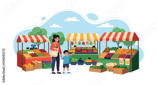 Adobe illustrator artwork vector illustration. Mother and son shopping for fresh fruits and vegetables at an outdoor market, promoting healthy eating and family bonding