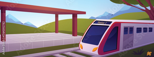 A train arrives at an open platform against a backdrop of a green meadow, trees, and mountains.