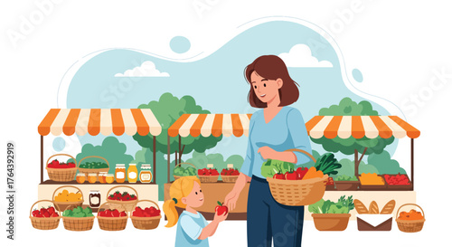 Adobe illustrator artwork vector illustration. Mother and daughter shopping for fresh fruits and vegetables at an outdoor market, promoting healthy eating and family bonding