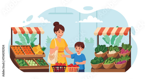 Adobe illustrator artwork vector illustration. Mother and son shopping for fresh fruits and vegetables at an outdoor market, promoting healthy eating and family bonding