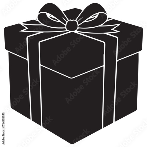 Monochrome Gift Box Silhouette with White Ribbon and Bow Outlines