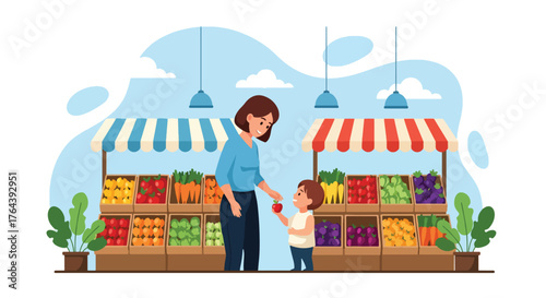 Adobe illustrator artwork vector illustration. Mother and son shopping for fresh fruits and vegetables at an outdoor market, promoting healthy eating and family bonding