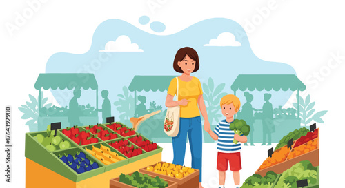 Adobe illustrator artwork vector illustration. Mother and son shopping for fresh fruits and vegetables at an outdoor market, promoting healthy eating and family bonding