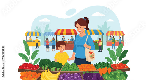 Adobe illustrator artwork vector illustration. Mother and son shopping for fresh fruits and vegetables at an outdoor market, promoting healthy eating and family bonding