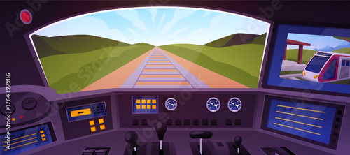 Interior view of a train driver's cabin, panoramic view from the window, tracks, and control panel.