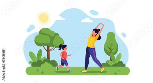 Adobe illustrator artwork vector illustration. Mother and daughter exercising outdoors in a park, promoting a healthy and active family lifestyle, enjoying nature together