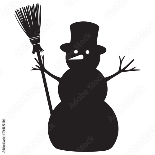 Classic Black Snowman Silhouette with Top Hat and Broom Illustration