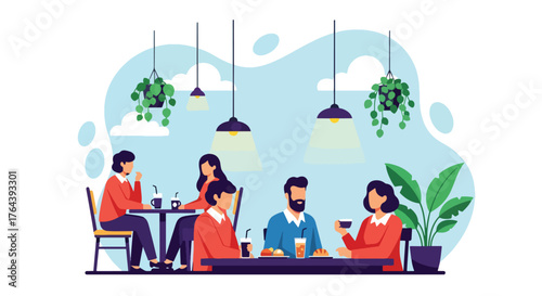 Adobe illustrator artwork vector illustration. Friends enjoying coffee and dessert at a cafe, depicting a social gathering and relaxed urban lifestyle