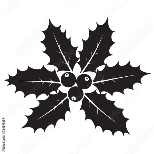 Flat Design Black Holly Leaves and Berries Vector Icon