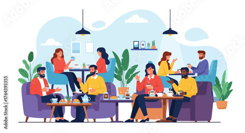 Adobe illustrator artwork vector illustration. Friends enjoying coffee and dessert at a cafe, depicting a social gathering and relaxed urban lifestyle