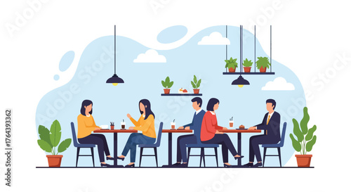 Adobe illustrator artwork vector illustration. Friends enjoying coffee and dessert at a cafe, depicting a social gathering and relaxed urban lifestyle