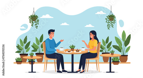 Adobe illustrator artwork vector illustration. Friends enjoying coffee and dessert at a cafe, depicting a social gathering and relaxed urban lifestyle
