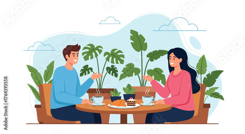 Adobe illustrator artwork vector illustration. Friends enjoying coffee and dessert at a cafe, depicting a social gathering and relaxed urban lifestyle