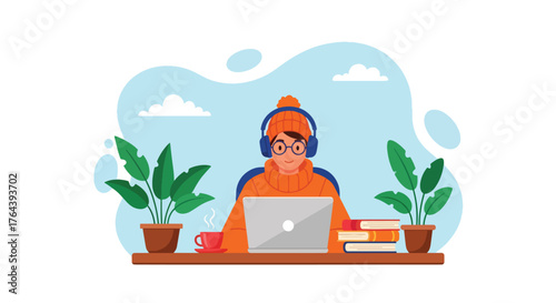 Adobe illustrator artwork vector illustration. Woman working from home on laptop with a cat, coffee, and books, showcasing a cozy and productive remote workspace