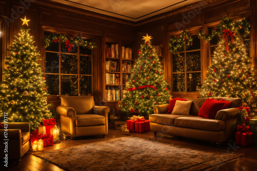 interior of living room decorated for Christmas night, beautiful Christmas tree with decorations and lights and gifts, festive background for the New Year holiday