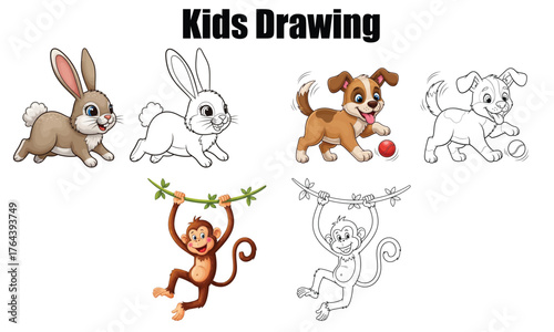 Cartoon animals including rabbits dogs and monkeys in color and line art for kids drawing book