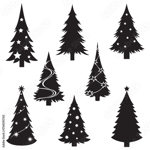 Diverse Black Christmas Tree Silhouettes with Stars and Festive Ornaments