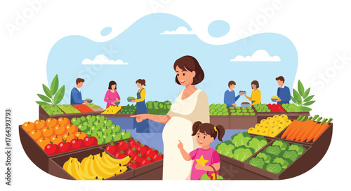 Adobe illustrator artwork vector illustration. Pregnant woman and her daughter shopping for fresh fruits and vegetables at a vibrant grocery store, promoting healthy eating