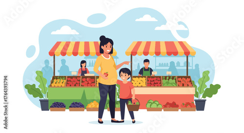 Adobe illustrator artwork vector illustration. Pregnant woman and her daughter shopping for fresh fruits and vegetables at a vibrant grocery store, promoting healthy eating