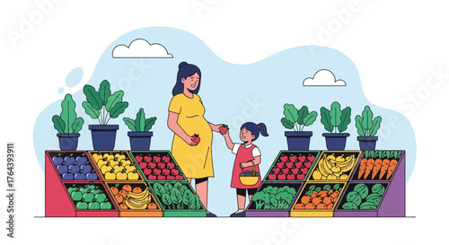 Adobe illustrator artwork vector illustration. Pregnant woman and her daughter shopping for fresh fruits and vegetables at a vibrant grocery store, promoting healthy eating
