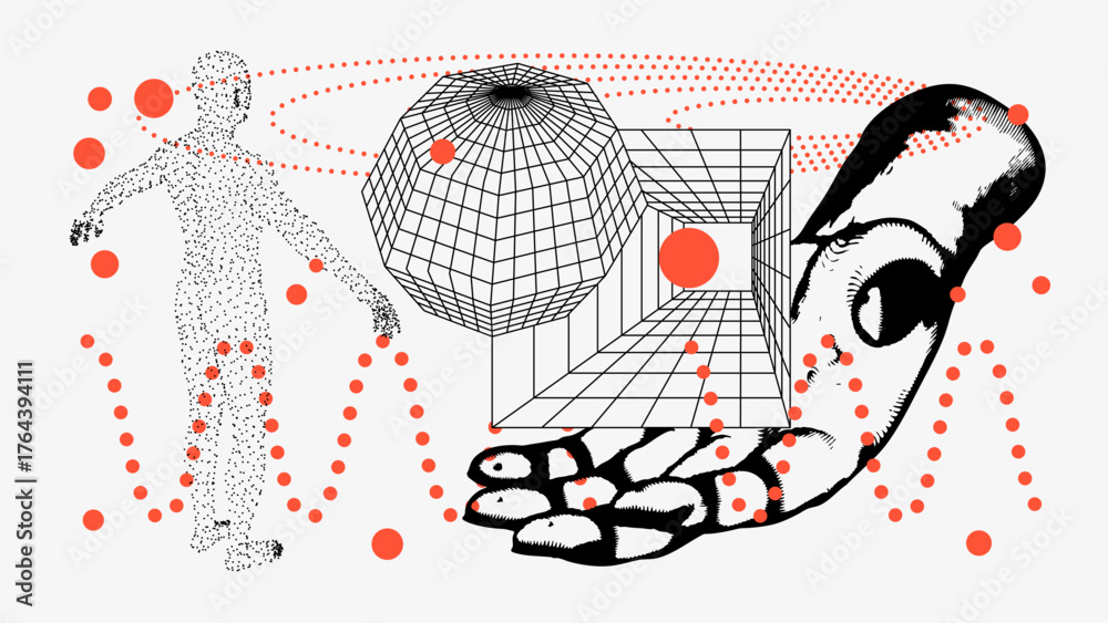 Obraz premium Vector Graphic Assets Set. Shapes in Y2k style, Futuristic, Brutalist, Anti-design