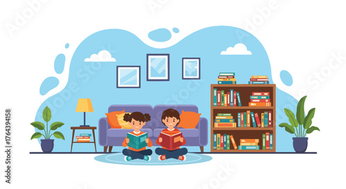 Adobe illustrator artwork vector illustration. Two happy children reading books at home, cozy living room interior with bookshelf and plants