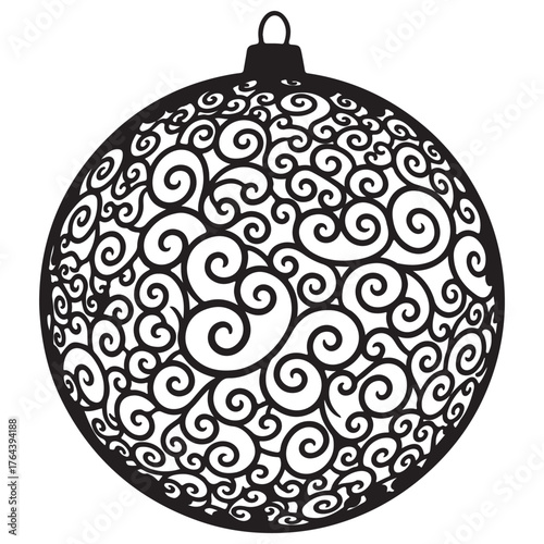 Decorative Black Christmas Ornament with Intricate Swirls and Filigree Pattern