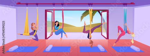Yoga studio with women practicing yoga on the hanging rope vector flat illustration, aerial pilates, healthy lifestyle