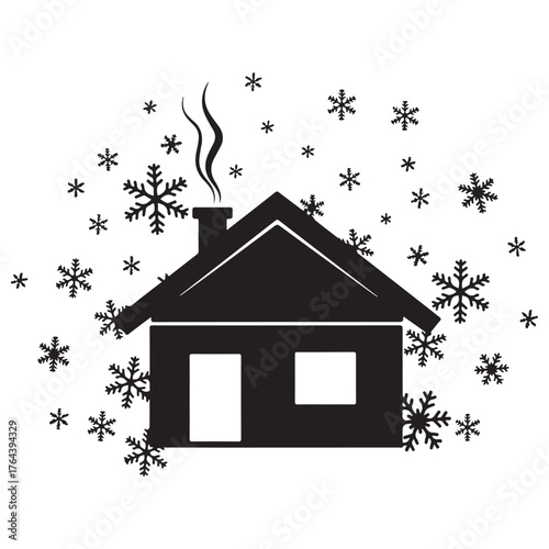 Black and White Winter House Icon with Falling Snowflakes and Smoke