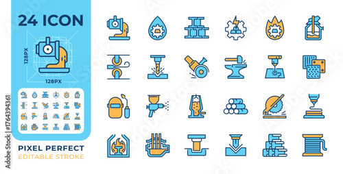 Metal fabrication line color icons set. Factory production, engineering. Metalwork, machinery. Industrial technology. Vector illustrations. Simple flat colorful symbols collection. Editable stroke