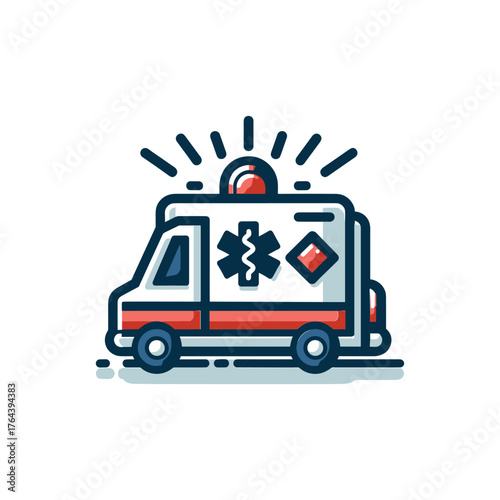 A stylized, flat design illustration of an ambulance with its emergency lights flashing.