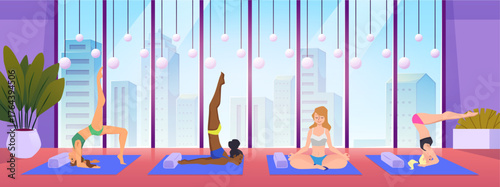 Yoga studio with women doing acrobatic exercises vector flat illustration, panoramic window, mats, healthy lifestyle