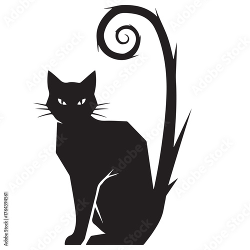 Black Cat Silhouette Illustration with Stylized Spiral Tail Design