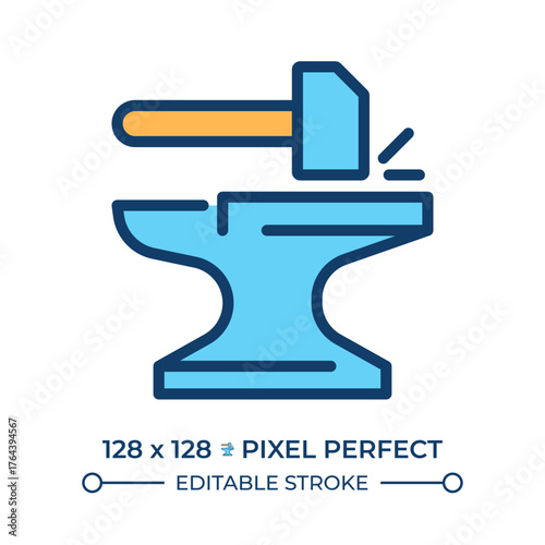 Forging line color icon. Blacksmith anvil and hammer. Metal processing industry. Handwork, metallurgy instruments. Isolated vector illustration. Flat colorful symbol design. Editable stroke