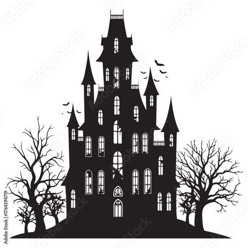 Dark Gothic Mansion Silhouette with Bare Trees and Flying Bats