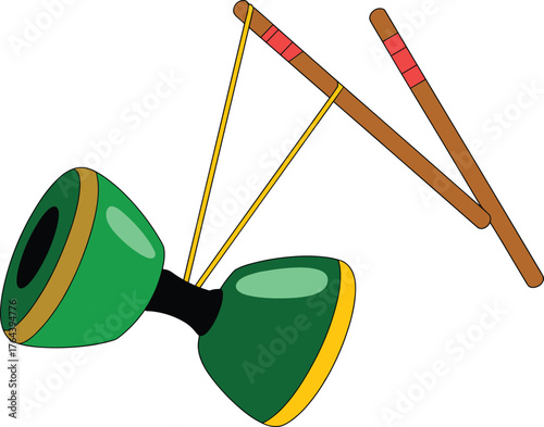 Diabolo juggling toy illustration, circus performance prop drawing, skill game design, entertainment equipment sketch, coordination activity, traditional juggling art