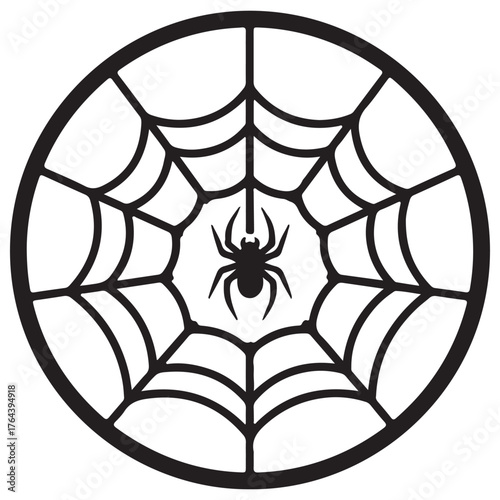 Minimalist Circular Spiderweb Illustration with Hanging Spider Design